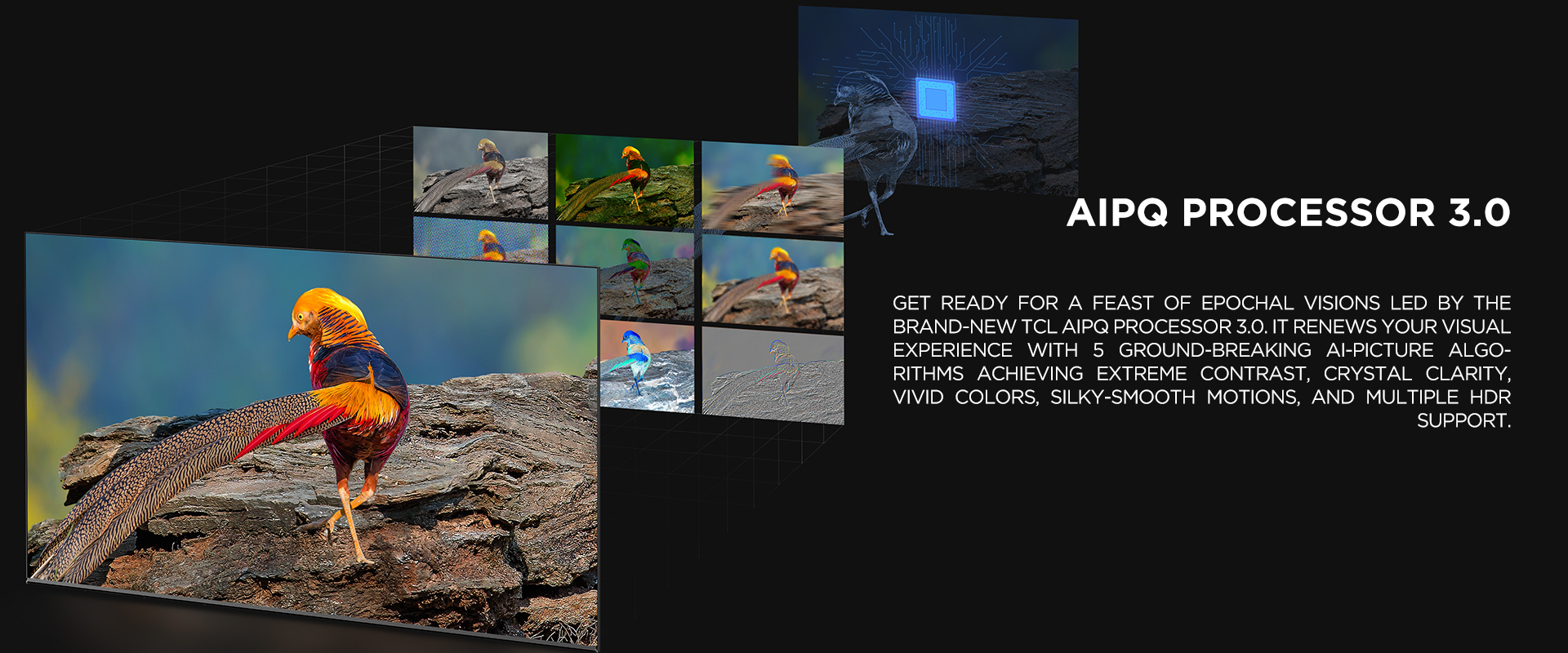 AiPQ PROCESSOR 3.0 - Get ready for a feast of epochal visions led by the brand-new TCL AiPQ Processor 3.0. It renews your visual experience with 5 ground-breaking Ai-Picture algorithms achieving extreme contrast, crystal clarity, vivid colors, silky-smooth motions, and multiple HDR support.

